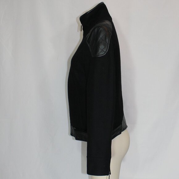 Trina Turk wool blend classic jacket with leather trim black zip size 6 - Picture 3 of 10